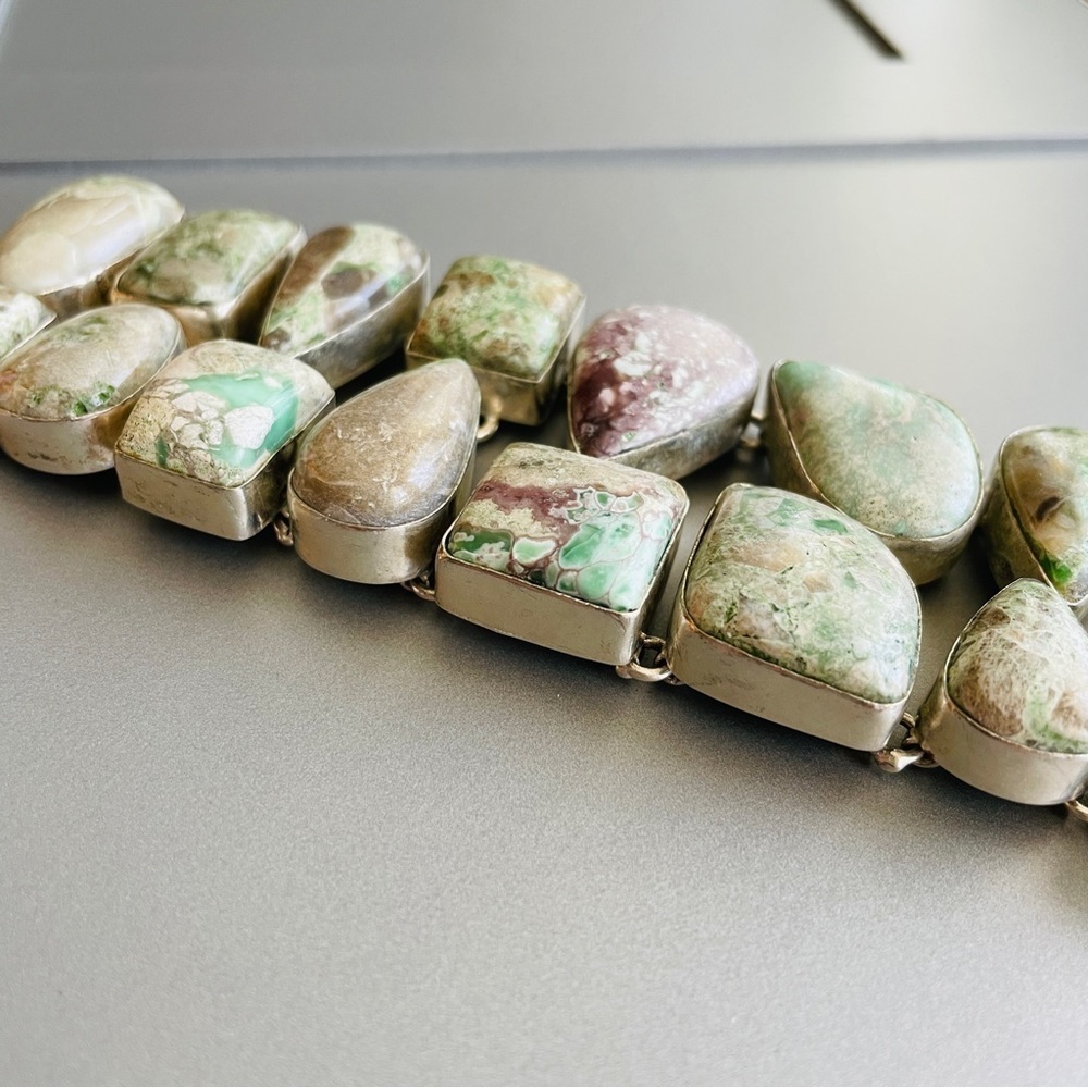 MASSIVE VARISCITE AGATE STERLING SILVER HUGE DOUBLE ROW TOGGLE CLASP BRA… - Picture 6 of 11